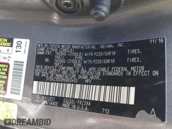 2017 Toyota Sienna SE with VIN 5TDXZ3DC0HS800493, listed as a IAAI auction lot 41946609 with Not Provided miles and . Bid and sale history available at DreamBid. Image 9.