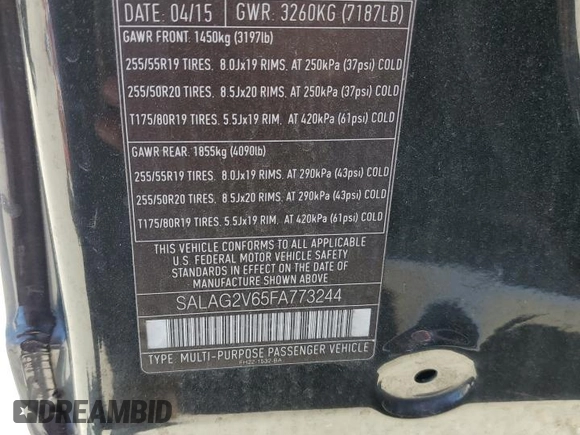 2015 Land Rover LR4 HSE with VIN SALAG2V65FA773244, listed as a Copart auction lot 56894085 with 96,422 mi miles and Salvage title. Bid and sale history available at DreamBid. Image 13.