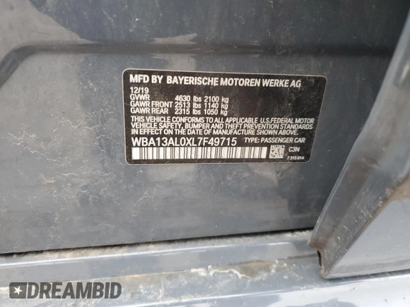 2020 BMW 2 Series M235i xDrive with VIN WBA13AL0XL7F49715, listed as a Copart auction lot 50495625 with 63,709 mi miles and Salvage Title. Bid and sale history available at DreamBid. Image 14.