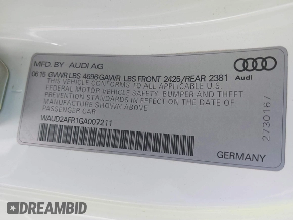 2016 Audi A5 Premium with VIN WAUD2AFR1GA007211, listed as a IAAI auction lot 41402123 with 64,801 mi miles and . Bid and sale history available at DreamBid. Image 9.
