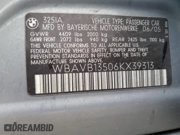 2006 BMW 3 Series 325i z VIN WBAVB13506KX39313, wystawiony jako Copart lot #56875025 z przebiegiem Nie podano mil oraz Szkoda całkowita • Salvage title. Historia ofert i sprzedaży dostępna na DreamBid. Obrazek 12.