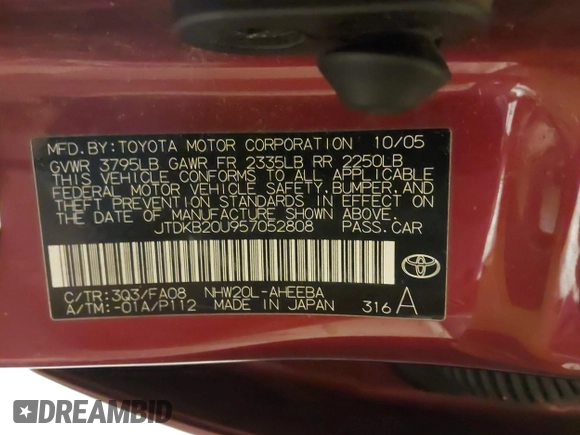 2005 Toyota Prius with VIN JTDKB20U957052808, listed as a IAAI auction lot 42000309 with 233,979 mi miles and . Bid and sale history available at DreamBid. Image 9.