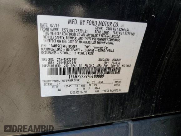 2015 Ford Taurus SEL with VIN 1FAHP2E89FG180089, listed as a Copart auction lot 58445555 with 151,240 mi miles and Salvage title. Bid and sale history available at DreamBid. Image 13.