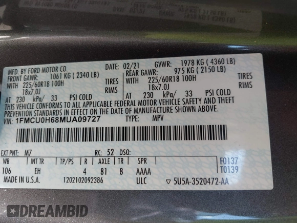 2021 Ford Escape SEL с VIN 1FMCU0H68MUA09727, выставлен на аукционе IAAI как лот 42530946 с пробегом 147 367 миль миль и . История ставок и продаж доступна на DreamBid. Изображение 9.
