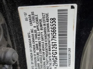 2007 Honda Civic Cpe LX with VIN 2HGFG12617H566558, listed as a Copart auction lot 53464075 with 172,258 mi miles and Salvage Title. Bid and sale history available at carsss.com. Image 12.