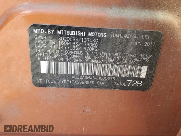 2018 Mitsubishi Mirage ES with VIN ML32A3HJ3JH000276, listed as a Copart auction lot 52456705 with 87,774 mi miles and Salvage title. Bid and sale history available at DreamBid. Image 12.