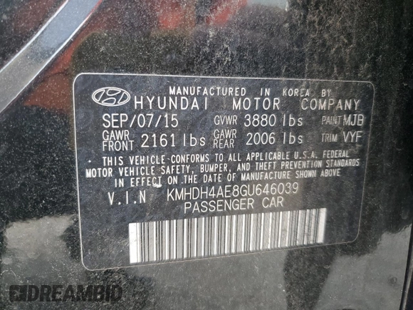 2016 Hyundai Elantra SE с VIN KMHDH4AE8GU646039, выставлен на аукционе Copart как лот 57899785 с пробегом 67 447 миль миль и Списание • Salvage title. История ставок и продаж доступна на DreamBid. Изображение 12.