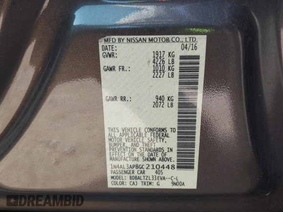 2016 Nissan Altima SR with VIN 1N4AL3AP8GC210448, listed as a IAAI auction lot 42152335 with 158,351 mi miles and . Bid and sale history available at carsss.com. Image 9.