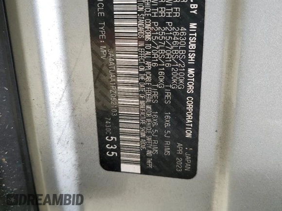 2023 Mitsubishi Eclipse Cross ES z VIN JA4ATUAA1PZ052103, wystawiony jako Copart lot #74354114 z przebiegiem 56 601 mil mil oraz Szkoda całkowita • Salvage title. Historia ofert i sprzedaży dostępna na DreamBid. Obrazek 13.