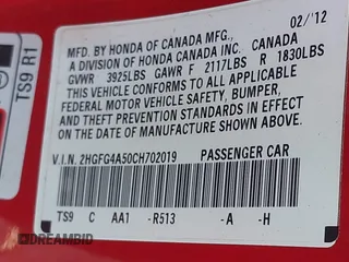 2012 Honda Civic Cpe Si with VIN 2HGFG4A50CH702019, listed as a IAAI auction lot 42060231 with 80,172 mi miles. Bid and sale history available at carsss.com. Image 9.