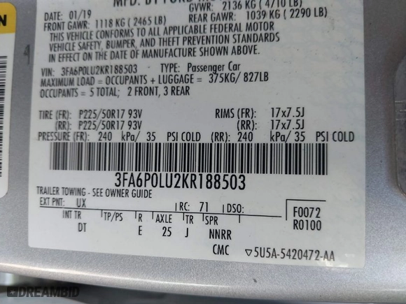 2019 Ford Fusion Hybrid SE with VIN 3FA6P0LU2KR188503, listed as a IAAI auction lot 41846755 with 67,906 mi miles. Bid and sale history available at carsss.com. Image 9.