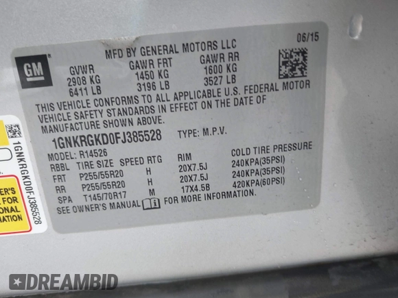 2015 Chevrolet Traverse LT with VIN 1GNKRGKD0FJ385528, listed as a IAAI auction lot 40298898 with 89,287 mi miles and . Bid and sale history available at DreamBid. Image 9.