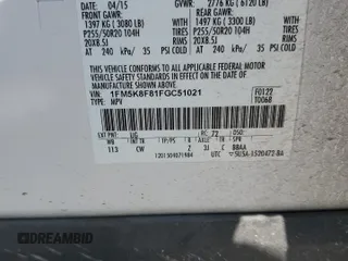 2015 Ford Explorer Limited with VIN 1FM5K8F81FGC51021, listed as a Copart auction lot 54855095 with Not Provided miles and Salvage Title. Bid and sale history available at DreamBid. Image 13.