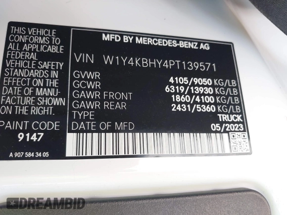 2023 Mercedes-Benz Sprinter Cargo with VIN W1Y4KBHY4PT139571, listed as a IAAI auction lot 42137852 with 13,304 mi miles. Bid and sale history available at carsss.com. Image 9.