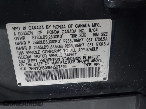 2005 Acura MDX Touring с VIN 2HNYD18995H507329, выставлен на аукционе IAAI как лот 42220962 с пробегом 155 350 миль миль и . История ставок и продаж доступна на DreamBid. Изображение 9.
