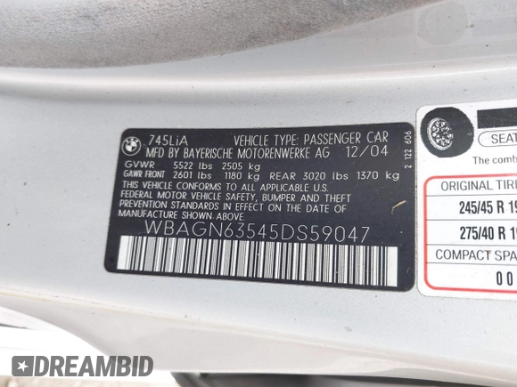 2005 BMW 7 Series 745Li with VIN WBAGN63545DS59047, listed as a IAAI auction lot 41802442 with Not Provided miles and . Bid and sale history available at carsss.com. Image 9.
