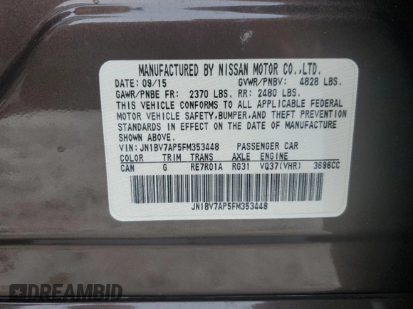 2015 Infiniti Q50 Premium z VIN JN1BV7AP5FM353448, wystawiony jako Copart lot #57115325 z przebiegiem 104 721 mil mil oraz Szkoda całkowita • Salvage title. Historia ofert i sprzedaży dostępna na DreamBid. Obrazek 12.