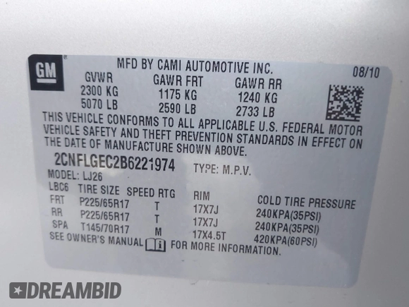 2011 Chevrolet Equinox LTZ with VIN 2CNFLGEC2B6221974, listed as a IAAI auction lot 41881454 with 64,365 mi miles and . Bid and sale history available at DreamBid. Image 9.