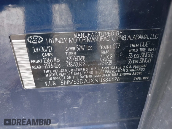 2022 Hyundai Santa Fe SEL with VIN 5NMS2DAJXNH384426, listed as a IAAI auction lot 42082280 with 76,462 mi miles. Bid and sale history available at carsss.com. Image 9.