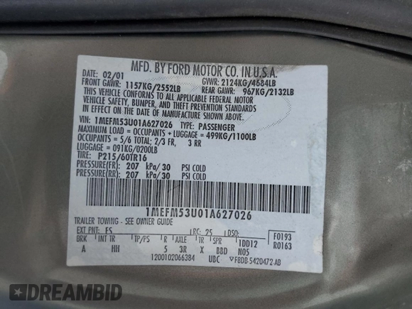 2001 Mercury Sable with VIN 1MEFM53U01A627026, listed as a Copart auction lot 57355804 with 248,244 mi miles and Salvage title. Bid and sale history available at DreamBid. Image 12.