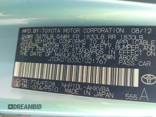 2012 Toyota Prius One with VIN JTDKDTB33C1021767, listed as a IAAI auction lot 42466233 with 159,372 mi miles and . Bid and sale history available at DreamBid. Image 9.