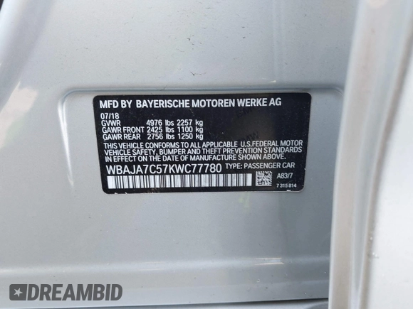 2019 BMW 5 Series 530i xDrive with VIN WBAJA7C57KWC77780, listed as a IAAI auction lot 41511124 with 35,696 mi miles. Bid and sale history available at carsss.com. Image 9.
