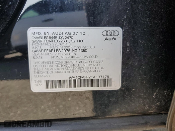 2012 Audi Q5 Premium with VIN WA1CFAFP2CA137178, listed as a Copart auction lot 63379265 with 102,264 mi miles and Clean title. Bid and sale history available at DreamBid. Image 13.