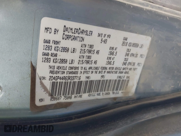 2003 Dodge Caravan Sport with VIN 2D4GP44R63R337716, listed as a IAAI auction lot 42767821 with 200,881 mi miles and . Bid and sale history available at DreamBid. Image 9.