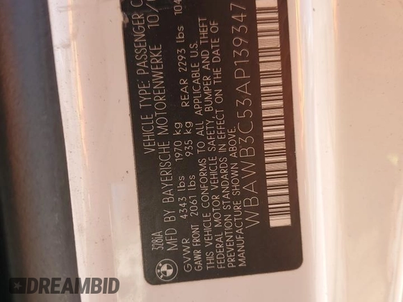 2010 BMW 3 Series 328i with VIN WBAWB3C53AP139347, listed as a Copart auction lot 48203985 with 108,781 mi miles and Salvage Title. Bid and sale history available at carsss.com. Image 12.