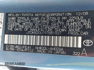 2009 Toyota Prius with VIN JTDKB20U197881927, listed as a IAAI auction lot 42088042 with 232,429 mi miles. Bid and sale history available at carsss.com. Image 9.