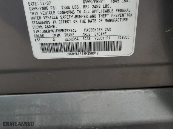2008 Infiniti G35 Sedan x with VIN JNKBV61F98M258942, listed as a Copart auction lot 51237485 with 184,780 mi miles and Salvage Title. Bid and sale history available at carsss.com. Image 13.