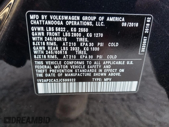 2018 Volkswagen Atlas S z VIN 1V2AP2CA2JC599322, wystawiony jako Copart lot #85082854 z przebiegiem 144 813 mil mil oraz Szkoda całkowita • Salvage title. Historia ofert i sprzedaży dostępna na DreamBid. Obrazek 14.