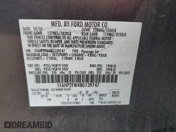 2011 Ford Taurus Limited with VIN 1FAHP2FW4BG139747, listed as a Copart auction lot 59590815 with 131,600 mi miles and Salvage title. Bid and sale history available at DreamBid. Image 12.