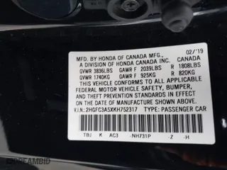 2019 Honda Civic Si Coupe with VIN 2HGFC3A5XKH752317, listed as a IAAI auction lot 41670736 with 81,054 mi miles. Bid and sale history available at carsss.com. Image 9.