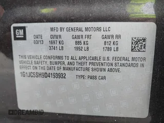 2013 Chevrolet Sonic LT with VIN 1G1JC5SH9D4193932, listed as a IAAI auction lot 41923606 with 132,339 mi miles and . Bid and sale history available at DreamBid. Image 9.