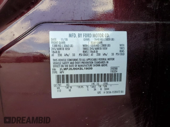 2019 Lincoln Nautilus Standard z VIN 2LMPJ8J96KBL19699, wystawiony jako Copart lot #69226394 z przebiegiem Nie podano mil oraz Szkoda całkowita • Salvage title. Historia ofert i sprzedaży dostępna na DreamBid. Obrazek 12.