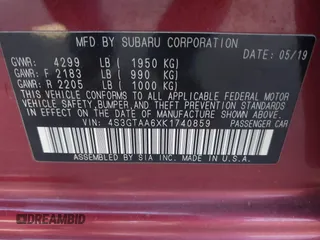 2019 Subaru Impreza with VIN 4S3GTAA6XK1740859, listed as a IAAI auction lot 41968933 with 60,136 mi miles. Bid and sale history available at carsss.com. Image 9.