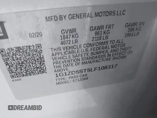 2020 Chevrolet Malibu LT with VIN 1G1ZD5ST5LF108317, listed as a IAAI auction lot 41754494 with 58,000 mi miles and . Bid and sale history available at DreamBid. Image 9.