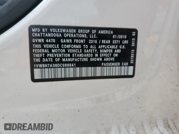 2013 Volkswagen Passat SE z VIN 1VWBH7A36DC086841, wystawiony jako Copart lot #60202355 z przebiegiem 147 359 mil mil oraz Szkoda całkowita • Salvage title. Historia ofert i sprzedaży dostępna na DreamBid. Obrazek 12.