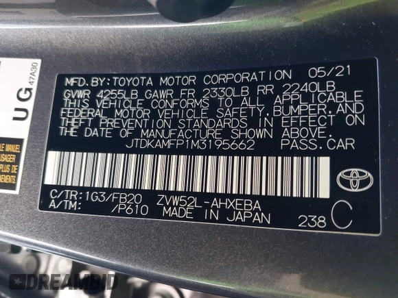 2021 Toyota Prius LE with VIN JTDKAMFP1M3195662, listed as a IAAI auction lot 42799476 with 47,560 mi miles and . Bid and sale history available at DreamBid. Image 9.