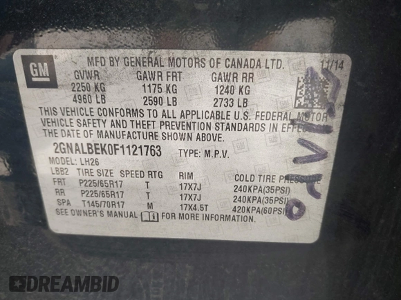 2015 Chevrolet Equinox LT with VIN 2GNALBEK0F1121763, listed as a IAAI auction lot 42012016 with 236,184 mi miles. Bid and sale history available at carsss.com. Image 9.