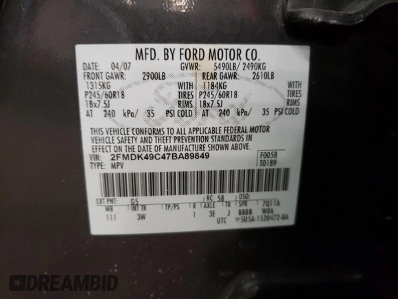 2007 Ford Edge SEL PLUS with VIN 2FMDK49C47BA89849, listed as a Copart auction lot 45302795 with 132,571 mi miles and Salvage Title. Bid and sale history available at carsss.com. Image 13.