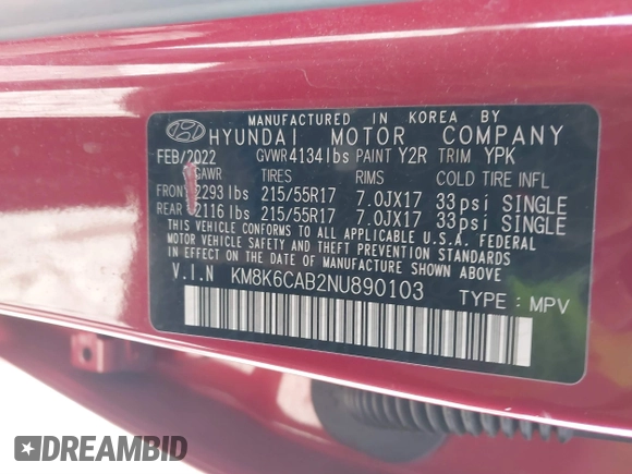 2022 Hyundai Kona SEL with VIN KM8K6CAB2NU890103, listed as a IAAI auction lot 41241709 with 54,868 mi miles. Bid and sale history available at carsss.com. Image 9.