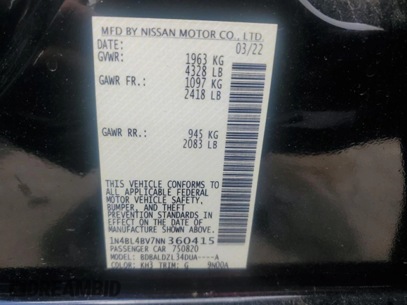2022 Nissan Altima S z VIN 1N4BL4BV7NN360415, wystawiony jako Copart lot #56168105 z przebiegiem 89 583 mil mil oraz Szkoda całkowita • Salvage title. Historia ofert i sprzedaży dostępna na DreamBid. Obrazek 12.
