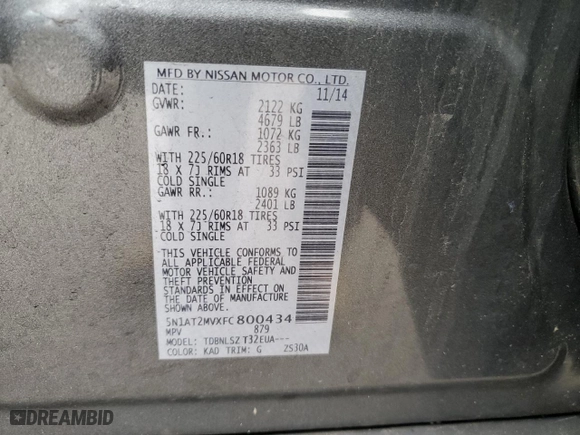 2015 Nissan Rogue SL with VIN 5N1AT2MVXFC800434, listed as a Copart auction lot 51225315 with 125229 miles and Salvage Title. Bid and sale history available at carsss.com. Image 13.