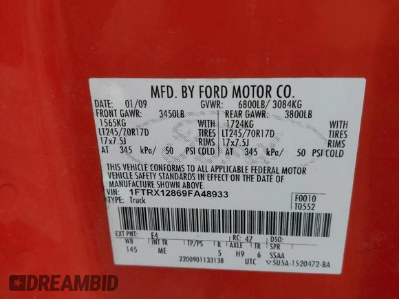 2009 Ford F-150 STX z VIN 1FTRX12869FA48933, wystawiony jako Copart lot #54839025 z przebiegiem 190 958 mil mil oraz Szkoda całkowita • Salvage title. Historia ofert i sprzedaży dostępna na DreamBid. Obrazek 12.
