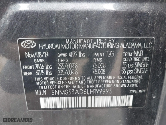 2020 Hyundai Santa Fe Limited with VIN 5NMS53AD6LH199993, listed as a IAAI auction lot 41861432 with 161,895 mi miles. Bid and sale history available at carsss.com. Image 9.