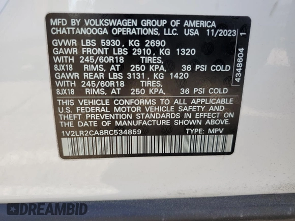 2024 Volkswagen Atlas SE with VIN 1V2LR2CA8RC534859, listed as a Copart auction lot 52890715 with 16,573 mi miles and Salvage title. Bid and sale history available at DreamBid. Image 13.
