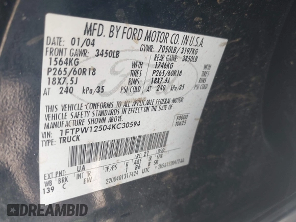 2004 Ford F-150 XLT z VIN 1FTPW12504KC30594, wystawiony jako IAAI lot #42464295 z przebiegiem 197 123 mil mil oraz . Historia ofert i sprzedaży dostępna na DreamBid. Obrazek 9.