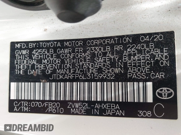 2020 Toyota Prius LE with VIN JTDKARFP6L3159932, listed as a IAAI auction lot 42714958 with 157,110 mi miles and . Bid and sale history available at DreamBid. Image 9.
